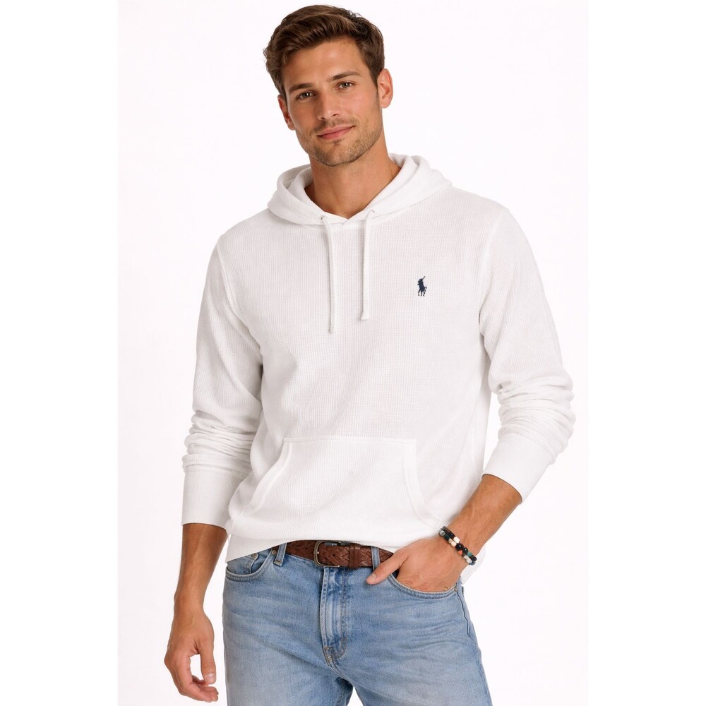 Polo Ralph Lauren Waffle Knit Hoodie White Cotton Pullover Men XL